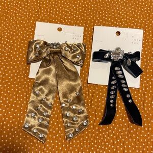 a new day Gold and Green Satin Bow Hair Clips with Rhinestone Accents